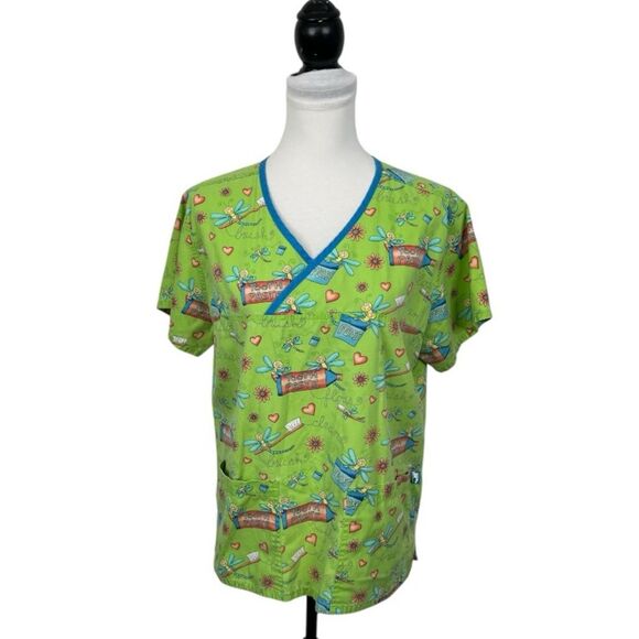 Mad About Mouths Scrub Top Women's M Green Teeth Molar Dentist Technician Work - Picture 1 of 9